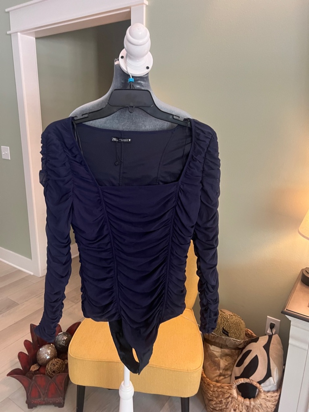 Zara Navy Ruched Long-Sleeve Square-Neck Bodysuit